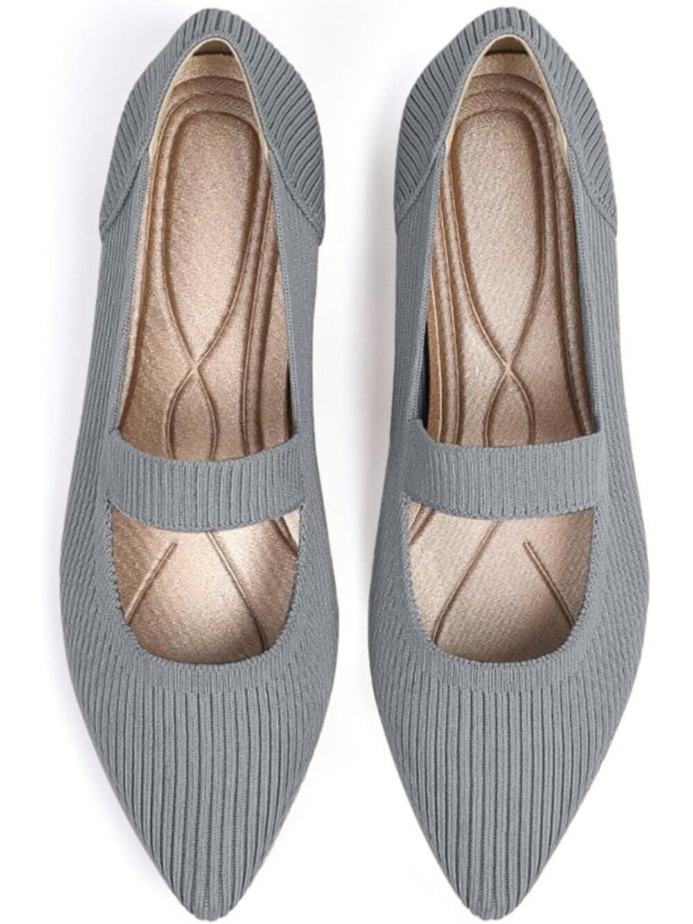 Women's Grey Knit Mary Jane Flats Pointed Toe Pull On Comfortable Flats Shoes
